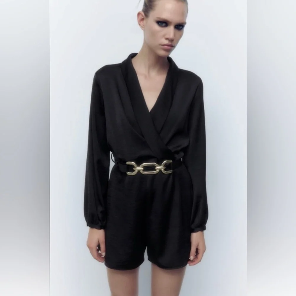 Zara Satin Chic Black Long Sleeve Romper with Gold Chain Belt - Picture 1 of 3